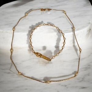 Napier Stamped Gold and White Pearl Necklace and Monet Bracelet